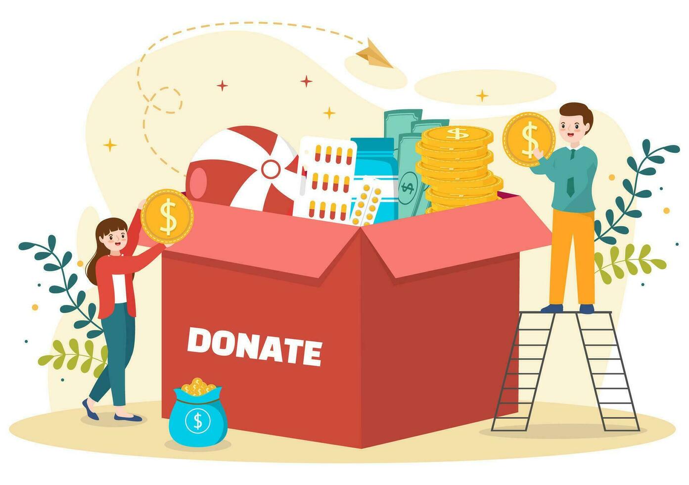 fundraising-charity-and-donation-illustration-with-volunteers-putting-coins-or-money-in-donation-box-in-financial-support-cartoon-background-vector